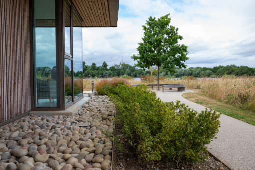 Path leading to seating area overlooking lake