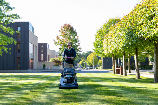 Gardener mowing lawn