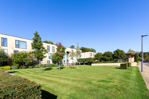 Freshly mown lawns within grounds of retirement village