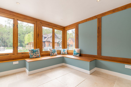 Bench seating area in pool house