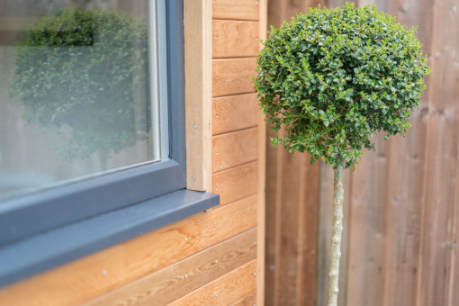 Close up of garden room cladding and window