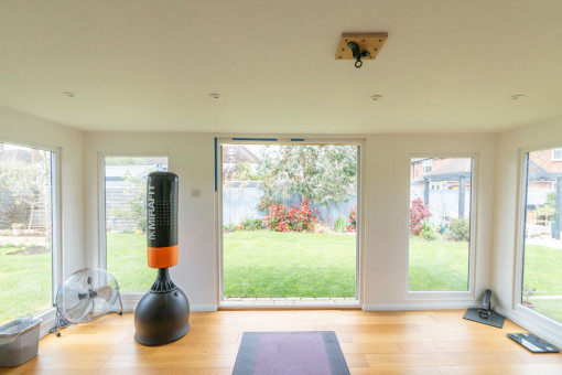 Internal shot of garden gym with punch bag