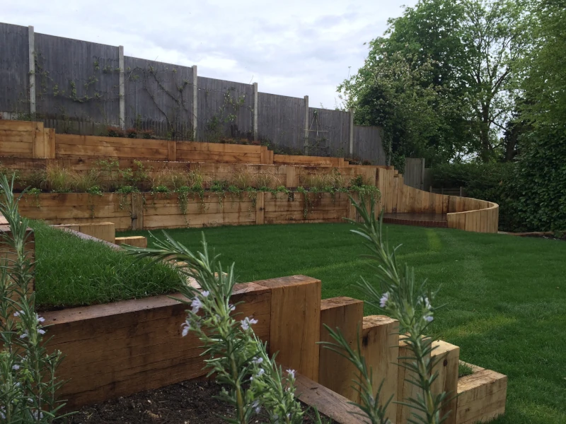 Garden terracing and steps in multi-level garden in Marlow