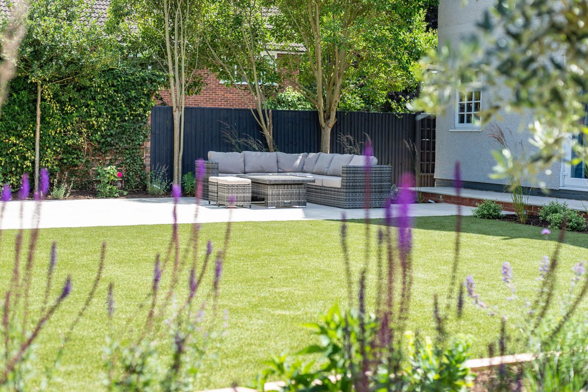 landscaped patio and seating area