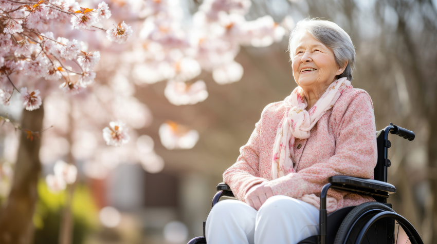 Elderly woman in a wheelchair enjoying cherry blossom in garden