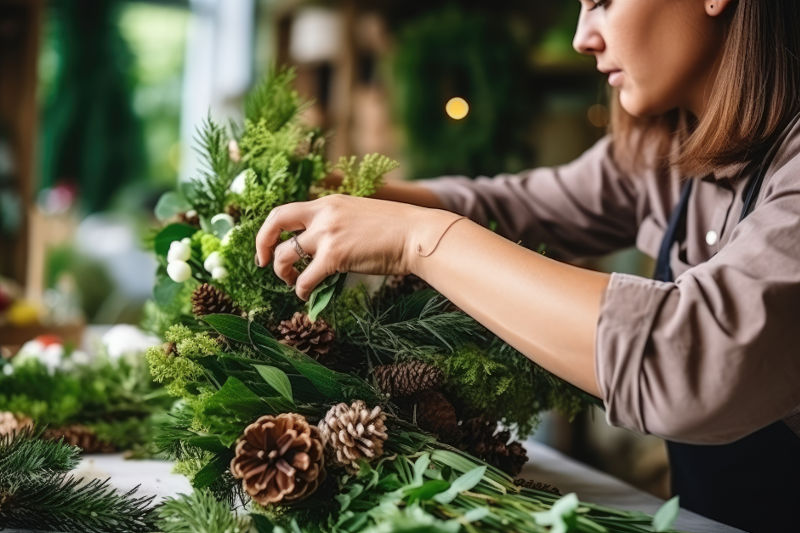 Woman making natural Christmas wreath by hand